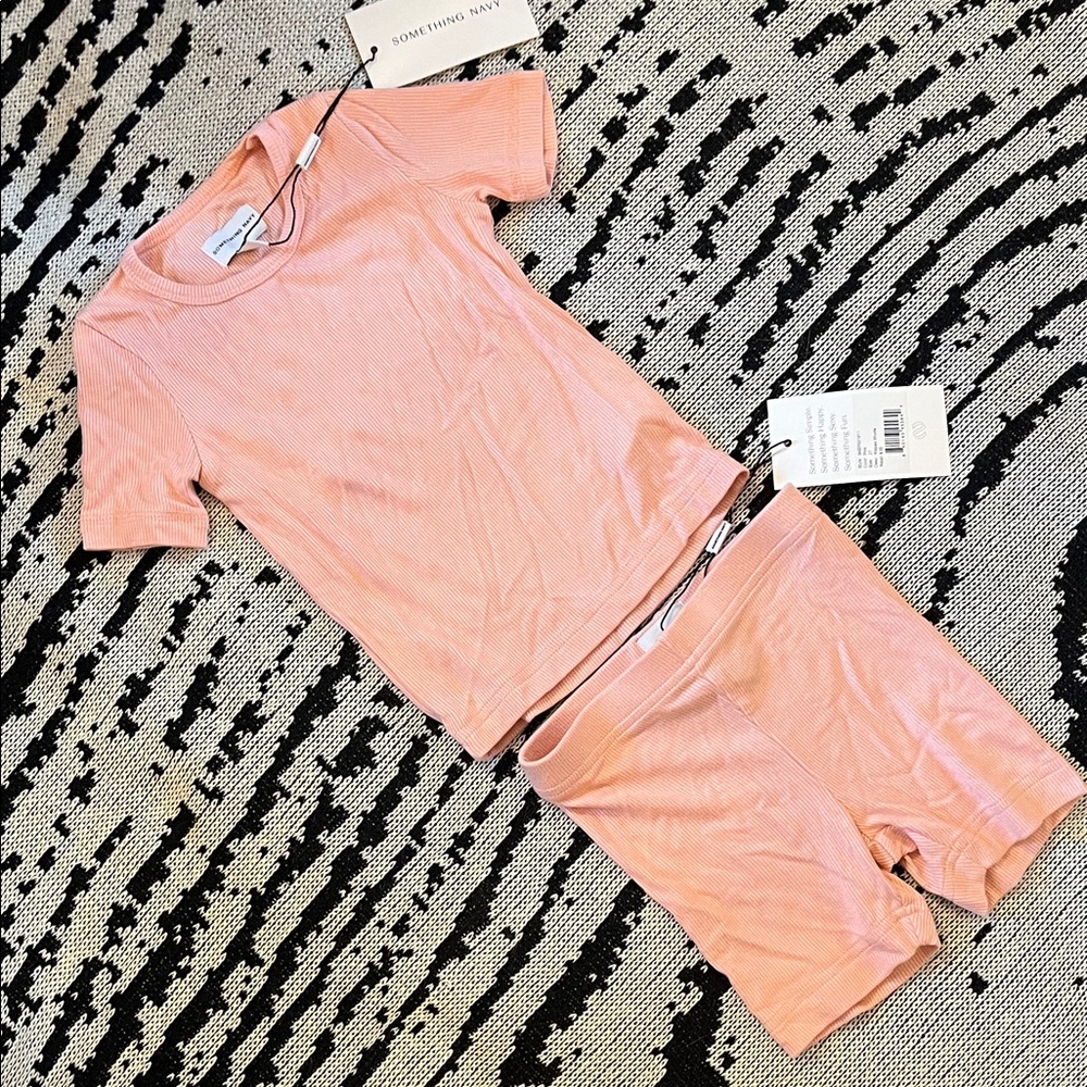 NWT Something Navy Toddler Pajama Set Shorts Shirt Ribbed Peachy Pink 2T